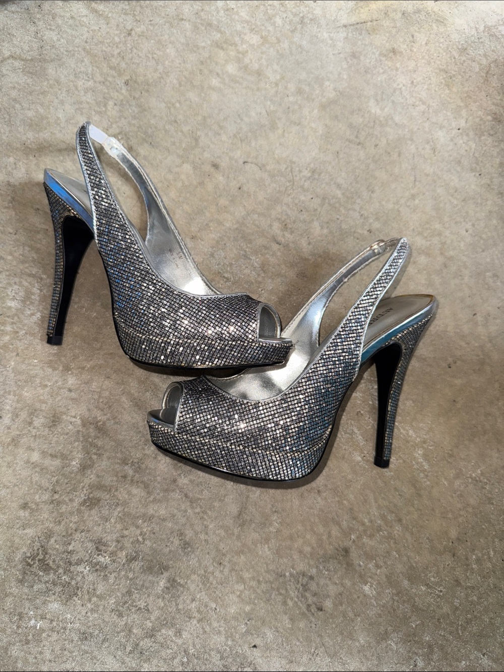Audrey Brooke Silver Glitter Peep-Toe Slingback Platform Heels